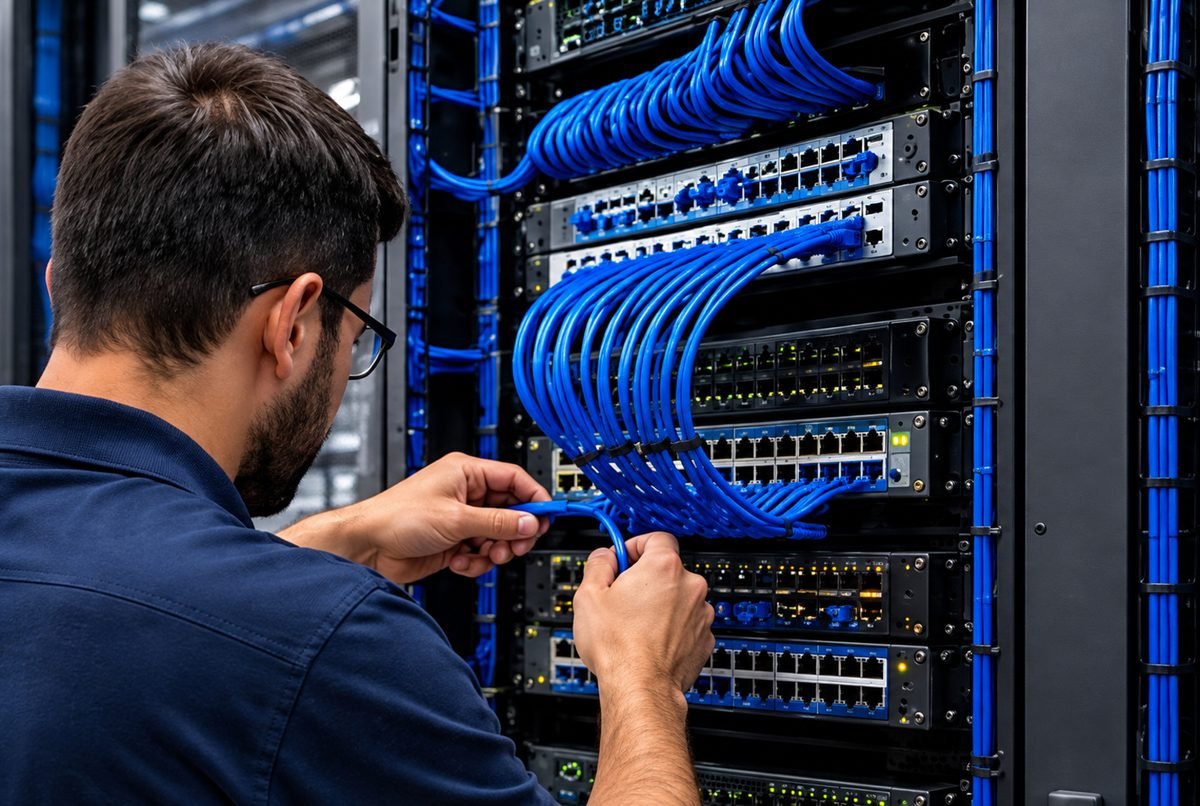 Engineer working on a network rack