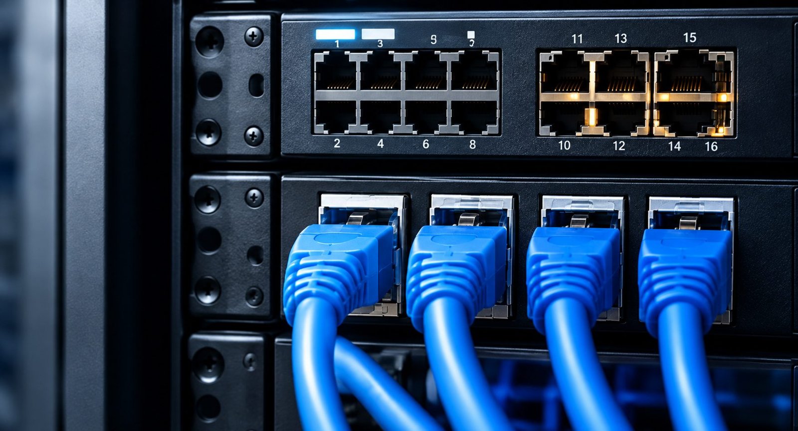 Network switch with blue cables